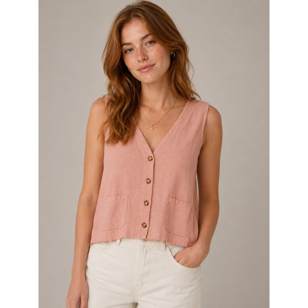 Bay Street Clothing Co Pink 100% Linen Button Front Vest Top Women Size Medium